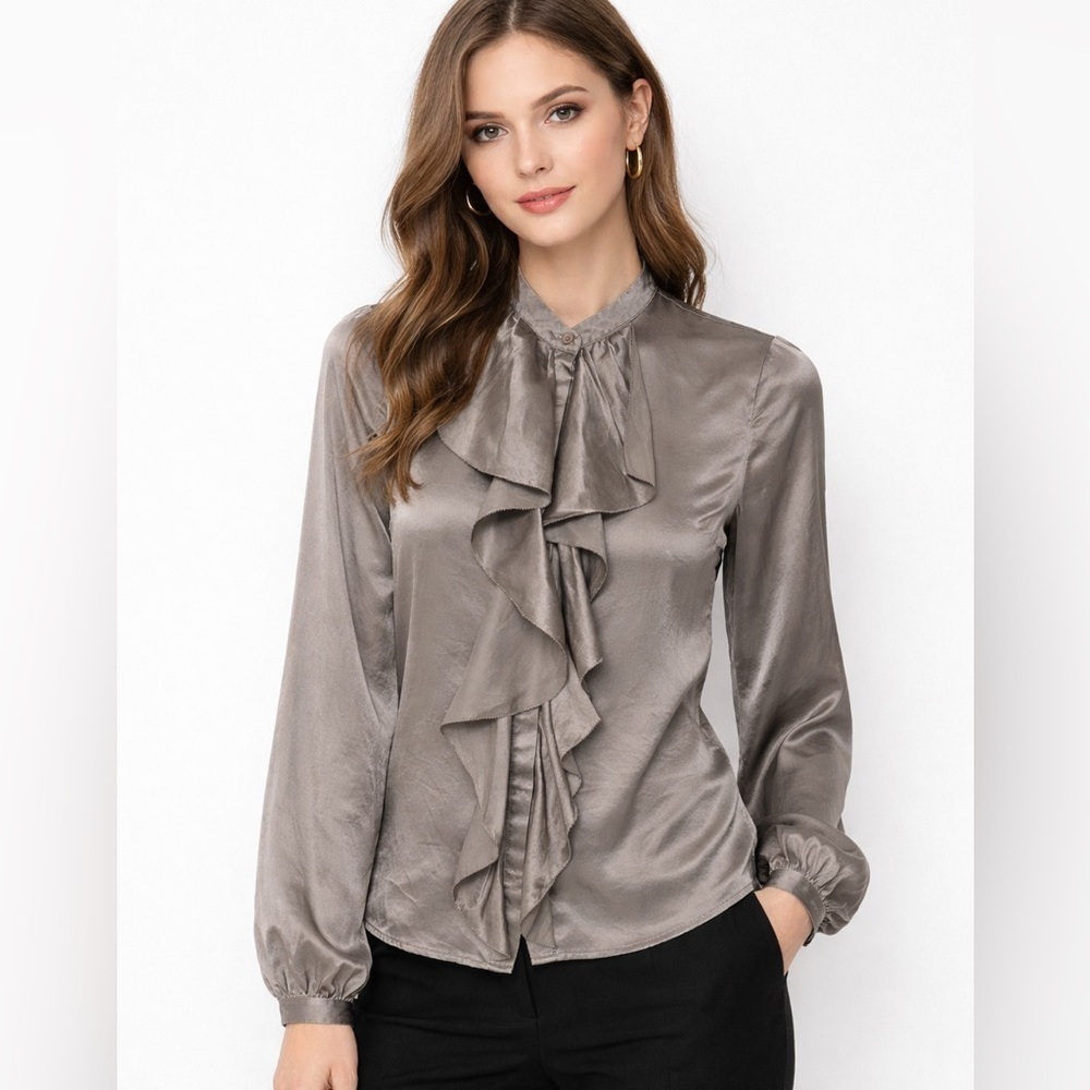 Boden Silk Long Sleeve Button Down Ruffle Top (4)
